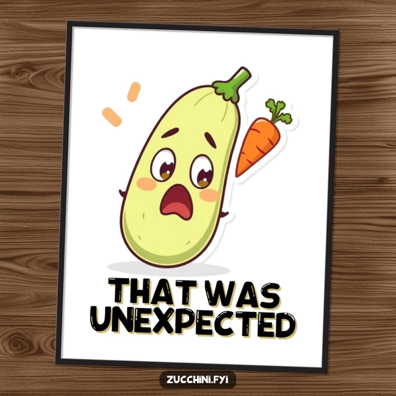 Funny poster art of a zucchini, eyes bulging in surprise, as a carrot zooms past it.