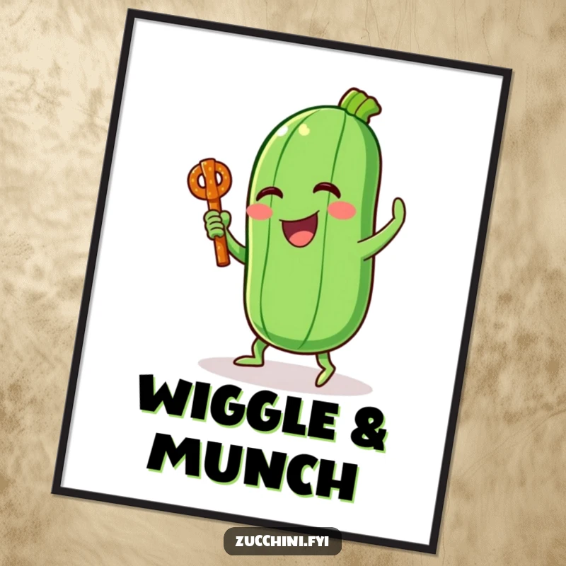 Funny poster depicting a laughing zucchini character doing a silly dance with a pretzel stick, bringing vibrant energy.