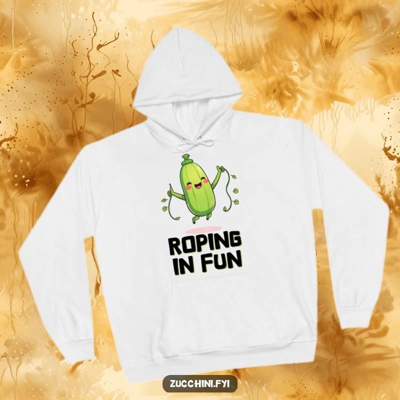 Funny hoodie showcasing a giggling zucchini character jumping rope with a vine, perfect for cozy days and spreading veggie humor.