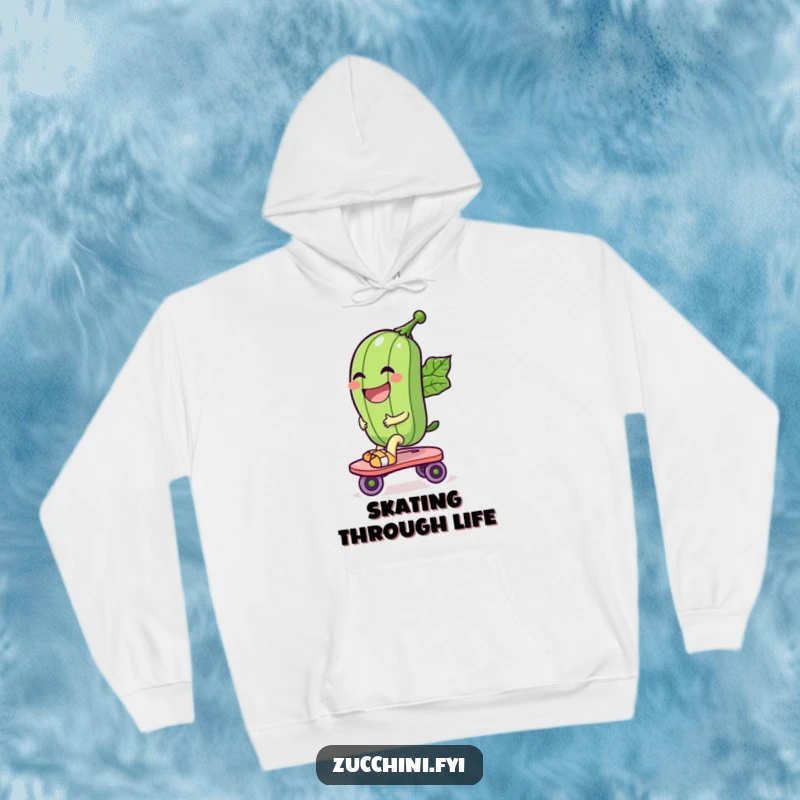 Funny hoodie showcasing a laughing zucchini character riding a leaf roller skate, perfect for cozy days and spreading veggie humor.
