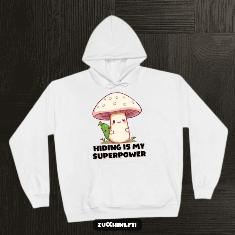 Funny hoodie depicting a timid zucchini peeking from behind a giant, happy mushroom, designed for comfort and smiles.