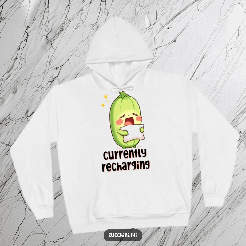 Funny sleepy zucchini yawning, holding a tiny pillow, on a cozy hoodie, depicting a hilarious hibernation-ready vegetable for ultimate comfort.