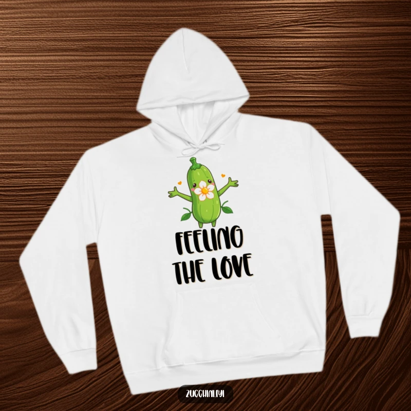Funny hoodie illustrating a zucchini with outstretched arms, lovingly embracing a delicate blooming flower.