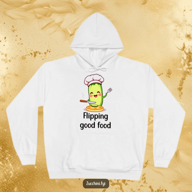 Funny chef zucchini hoodie with a happy character in a chef hat flipping pancakes, offering comfort and a humorous cooking vibe, a great gift.