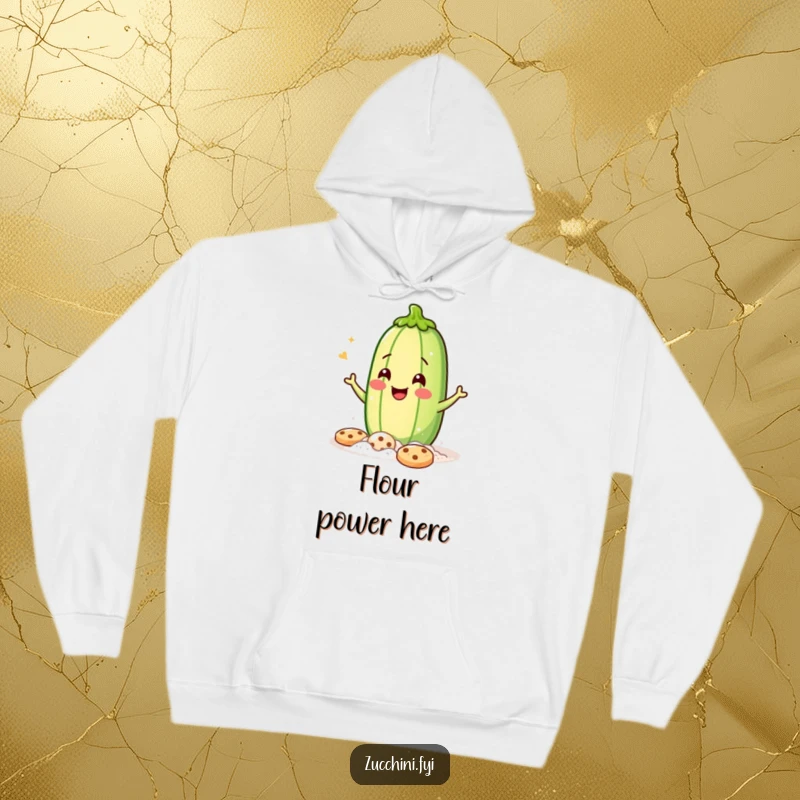 Funny Hoodie: A jubilant zucchini covered in flour, winking playfully while baking cookies, offering hilarious comfort.