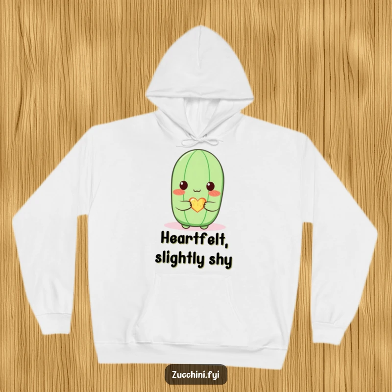 Funny zucchini hoodie featuring a blushing zucchini character offering a small, glowing heart, providing cozy warmth and sweet, humorous affection.