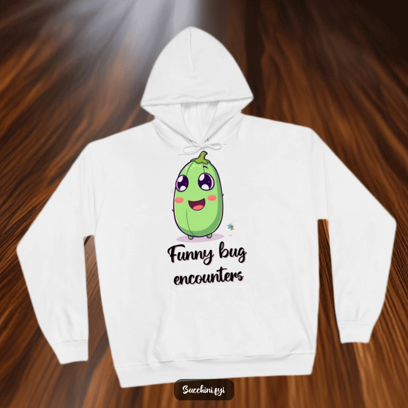 Funny laughing zucchini hoodie showing a zucchini with exaggerated eyes watching a tiny firefly, offering warmth and humorous nighttime enchantment.
