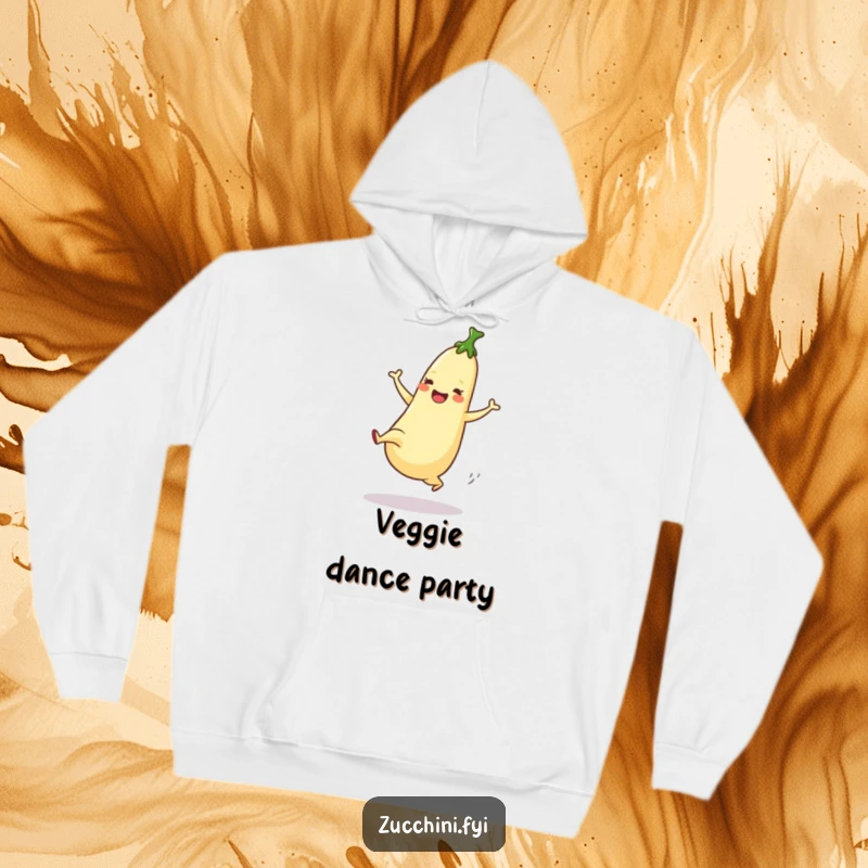 Funny Hoodie showing a dancing zucchini enthusiastically performing a high kick with joyful energy.