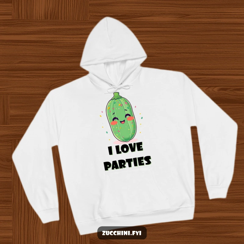 Funny hoodie with a zucchini laughing uncontrollably amidst a delightful shower of tiny confetti.