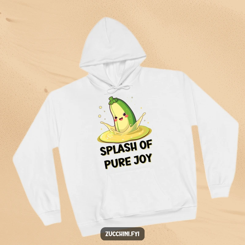 Funny hoodie with a happy zucchini splashing enthusiastically in a puddle of sparkling juice, evoking pure delight.