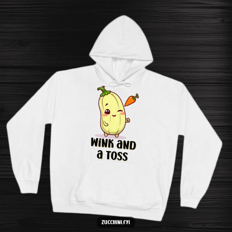 Funny mischievous kawaii zucchini winking and tossing a carrot, a cute and cozy design for a hoodie.