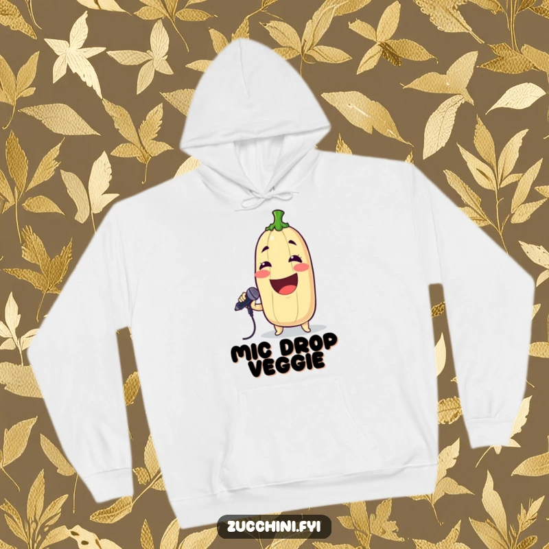 Funny hoodie featuring a grinning zucchini singing into a microphone, offering cozy comfort and musical humor.
