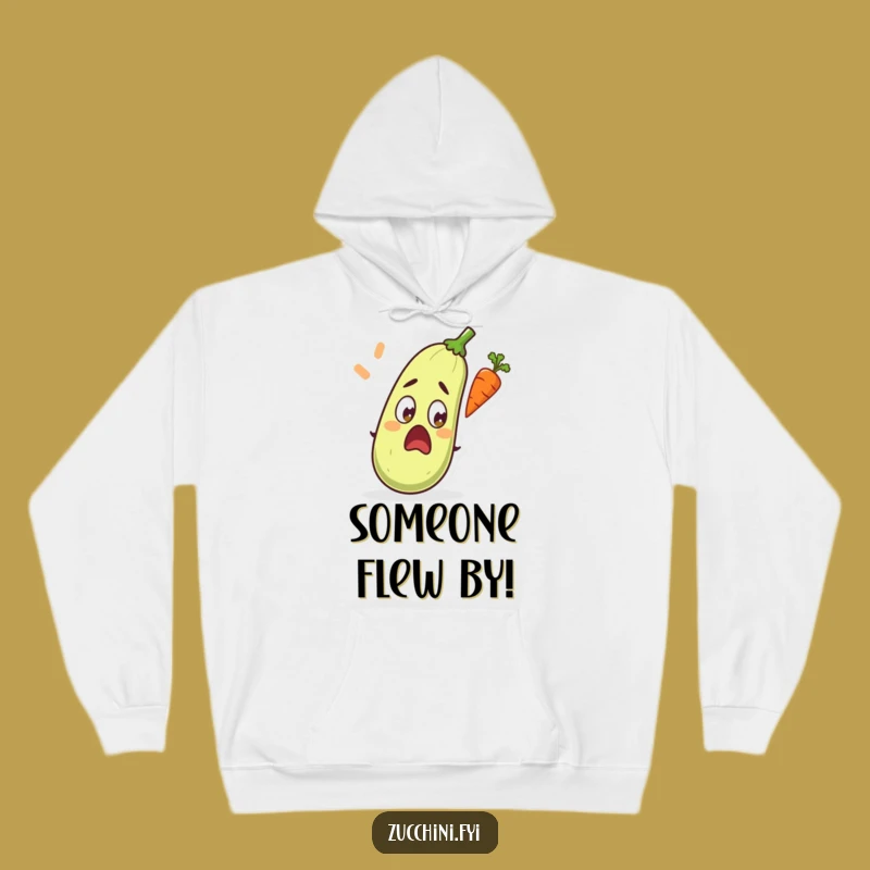 Funny Surprised Zucchini Hoodie: Shocked by Flying Carrot - Cozy Funny Gift