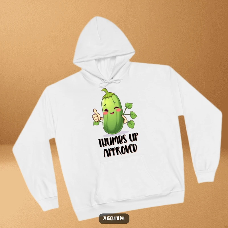 Funny Hoodie showing a winking zucchini giving a thumbs up with its vine, conveying approval and fun.