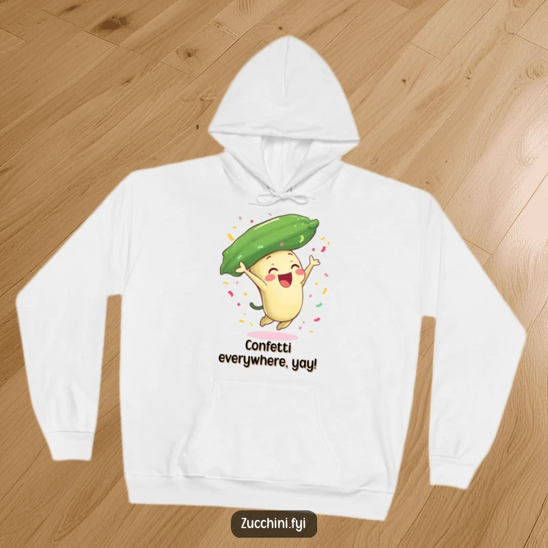 Funny zucchini hoodie featuring a joyful zucchini character leaping and showering confetti, providing cozy warmth and festive, humorous celebration.