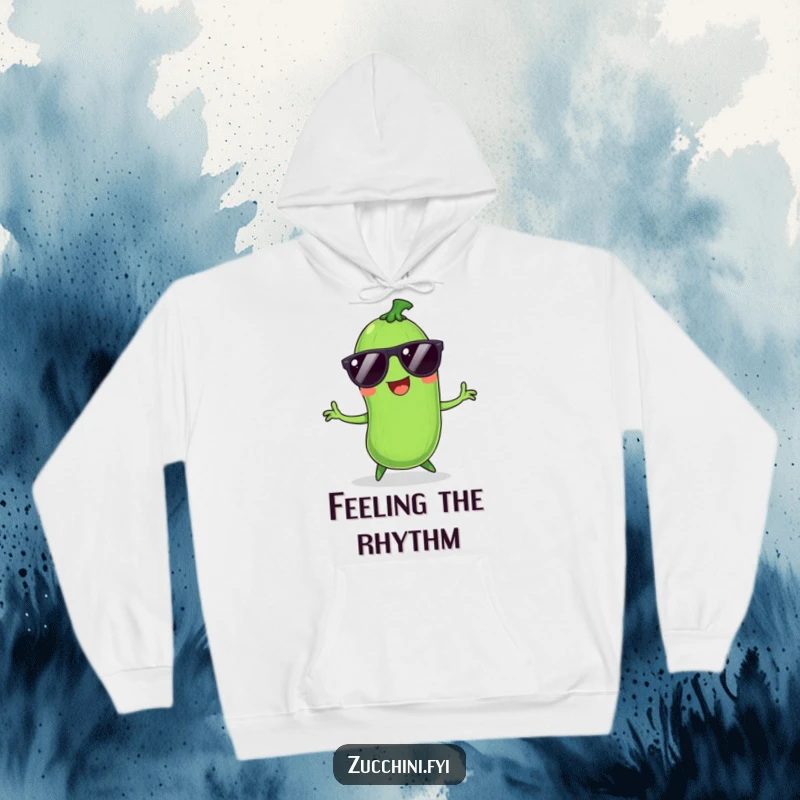 Funny Zucchini Hoodie: Comfortable apparel featuring a smiling, dancing vegetable with sunglasses, exuding cool and fun.