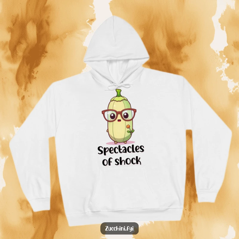Funny hoodie featuring a zucchini wearing huge glasses, eyes wide with surprise at a newly sprouted plant, evoking a sense of gentle humor.