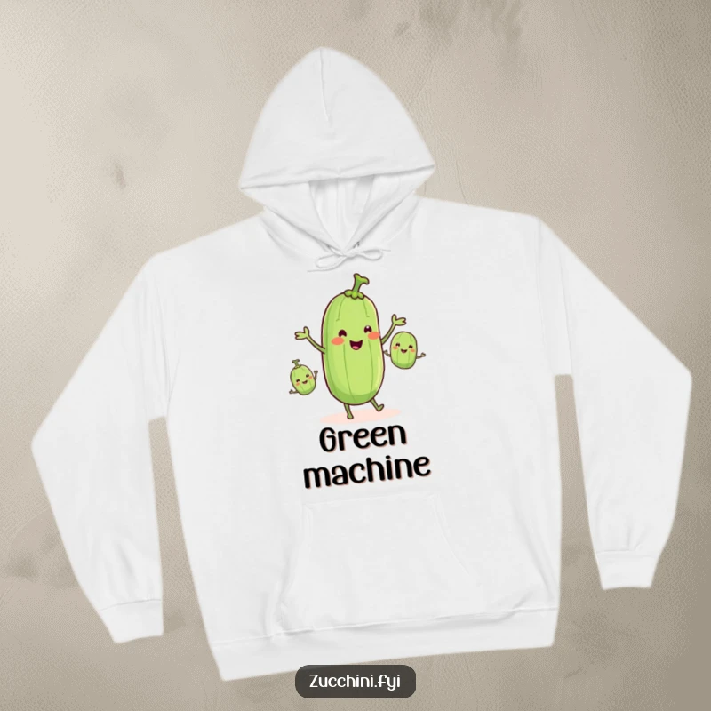 Funny zucchini juggling smaller zucchinis, depicted on a cozy hoodie, spreading veggie humor, funny gift.