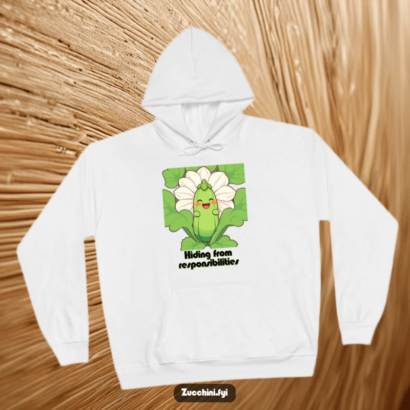 Funny Zucchini Laugh Hoodie with a laughing zucchini character peeking out from behind a giant zucchini blossom.