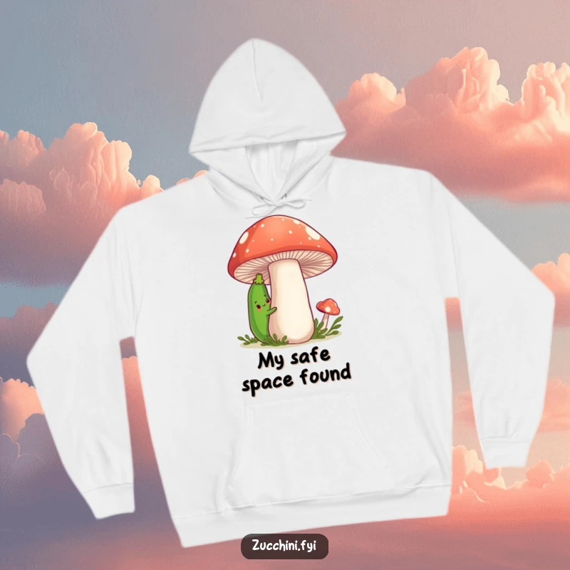 Funny Zucchini Hoodie showcasing a shy cartoon zucchini peeking from behind a large, friendly mushroom, designed for cozy and humorous appeal.