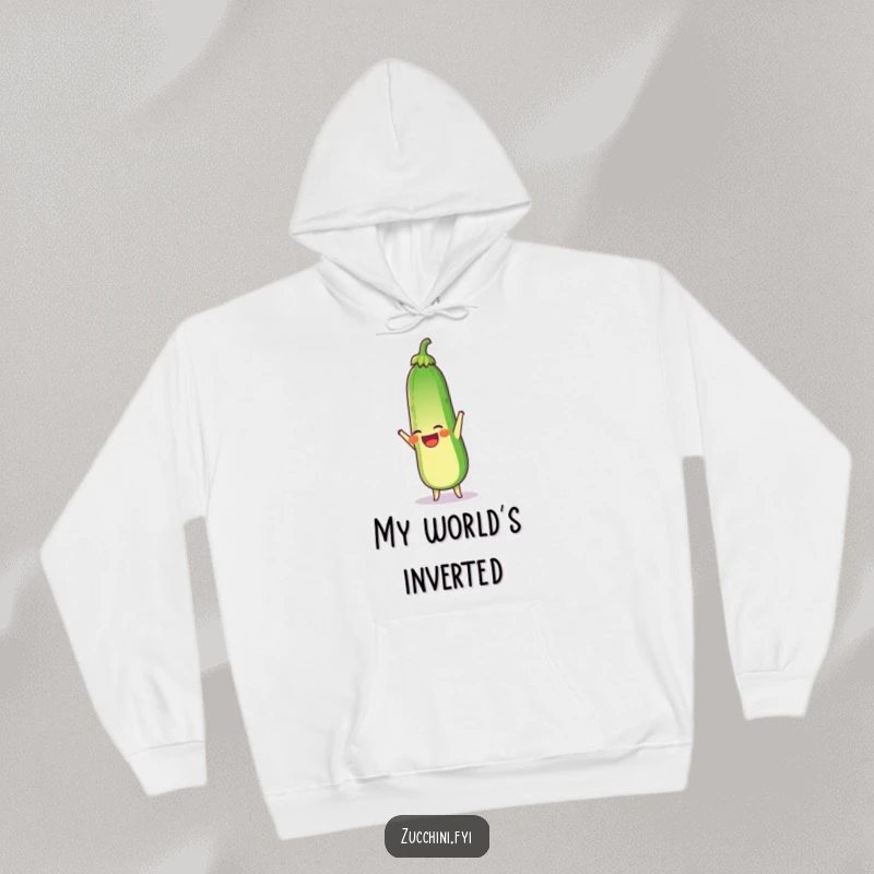 Funny hoodie with a laughing zucchini doing a handstand, offering humorous warmth and a playful, inverted design.