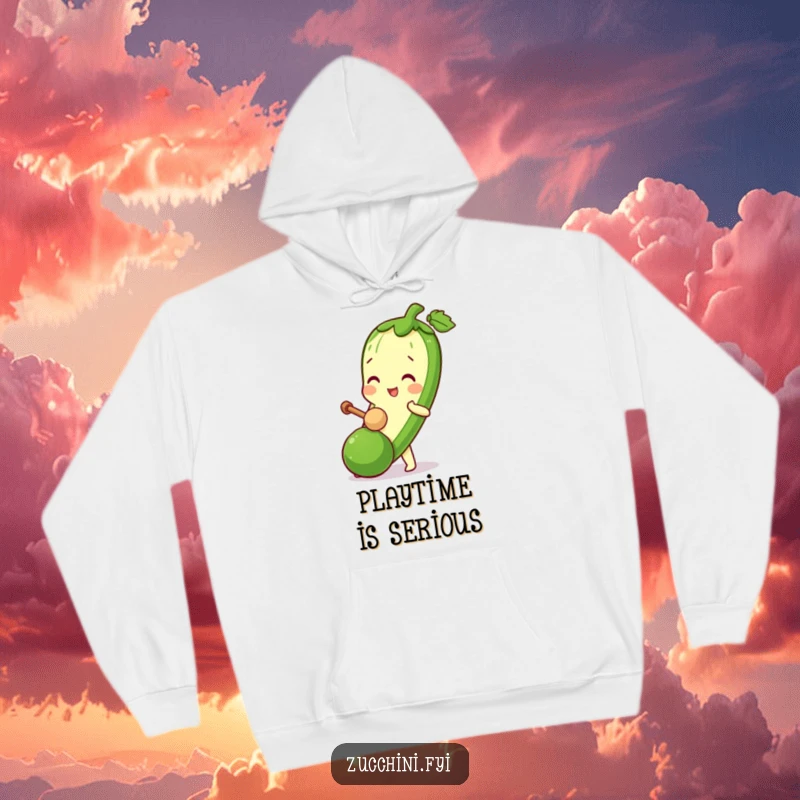 Funny Zucchini Mallet Hoodie with a veggie character playfully striking a tiny zucchini using a miniature mallet.