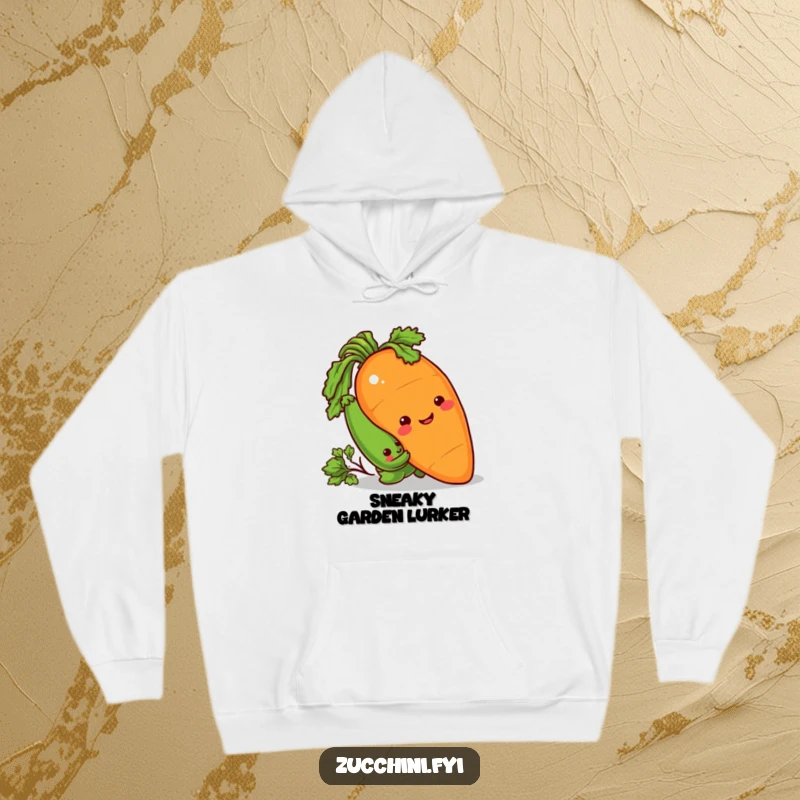 Funny Hoodie showing a sneaky zucchini peeking from behind a giant, smiling carrot, enjoying a playful prank.