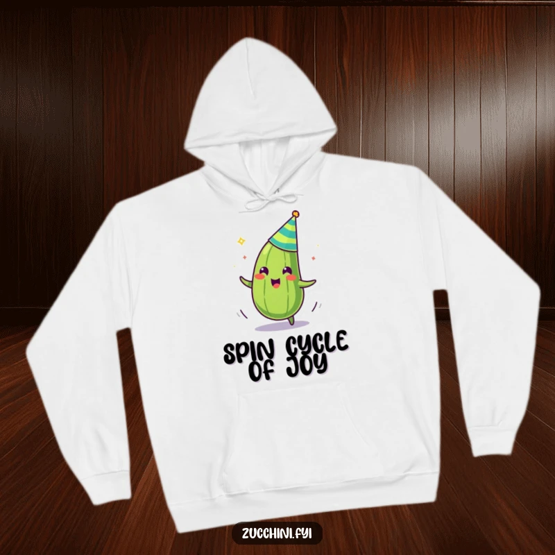 Funny hoodie featuring a zany zucchini in a party hat, captured mid-spin, radiating pure, joyous, chaotic energy.