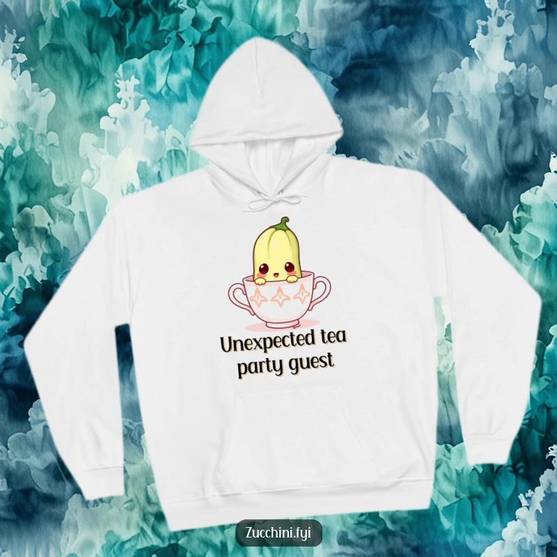 Funny hoodie depicting a surprised zucchini peeking out from a tiny teacup.