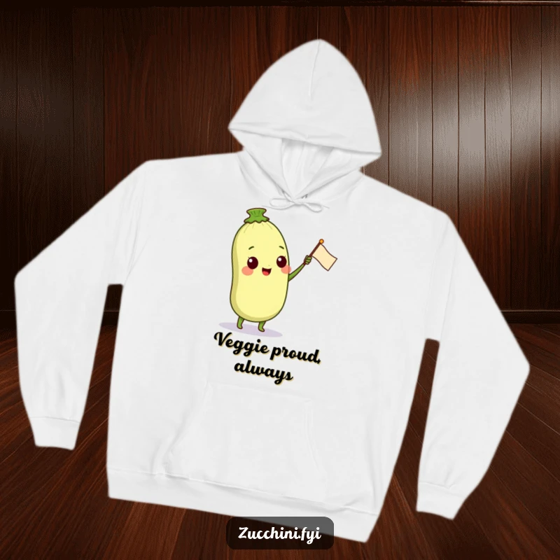 Funny hoodie featuring a content anthropomorphic zucchini character holding a tiny petal flag, offering warmth and a cheerful vibe for cozy moments.