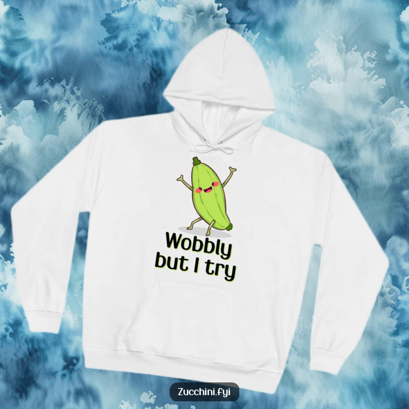 Funny kawaii zucchini performing a wobbly cartwheel, a cute and comical vegetable design on a cozy hoodie.