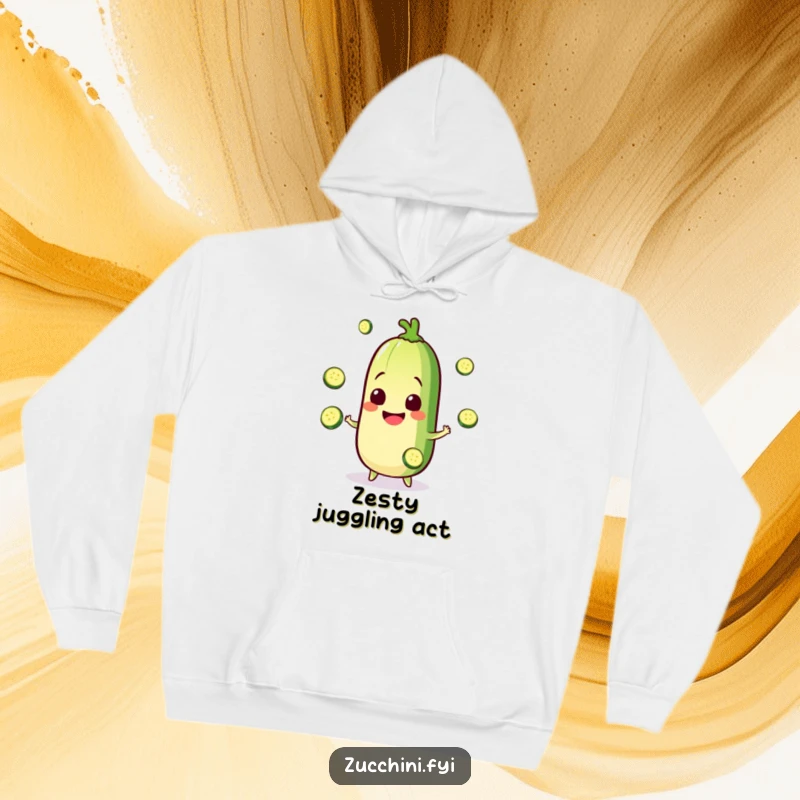 Funny Kawaii zucchini hoodie with a happy character juggling zucchini slices, offering comfort and a humorous touch as a great gift.