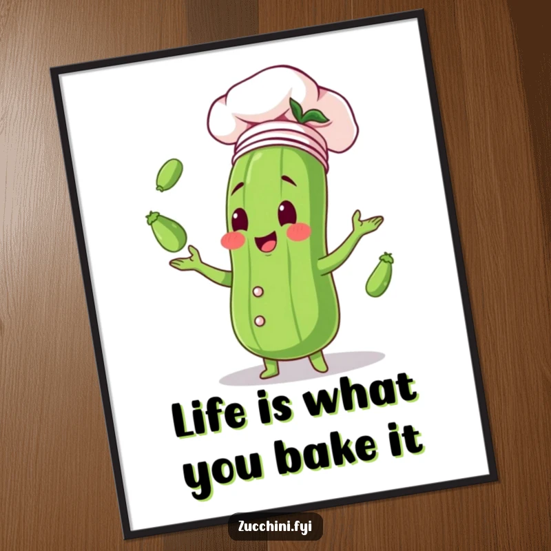 Funny free printable wall art: a zucchini chef in a hat joyfully juggles several tiny zucchinis with a proud grin.