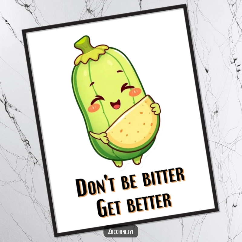 Funny Free Printable Wall Art: A winking zucchini character with a mischievous grin offers a slice of itself, adding playful charm to the artwork.