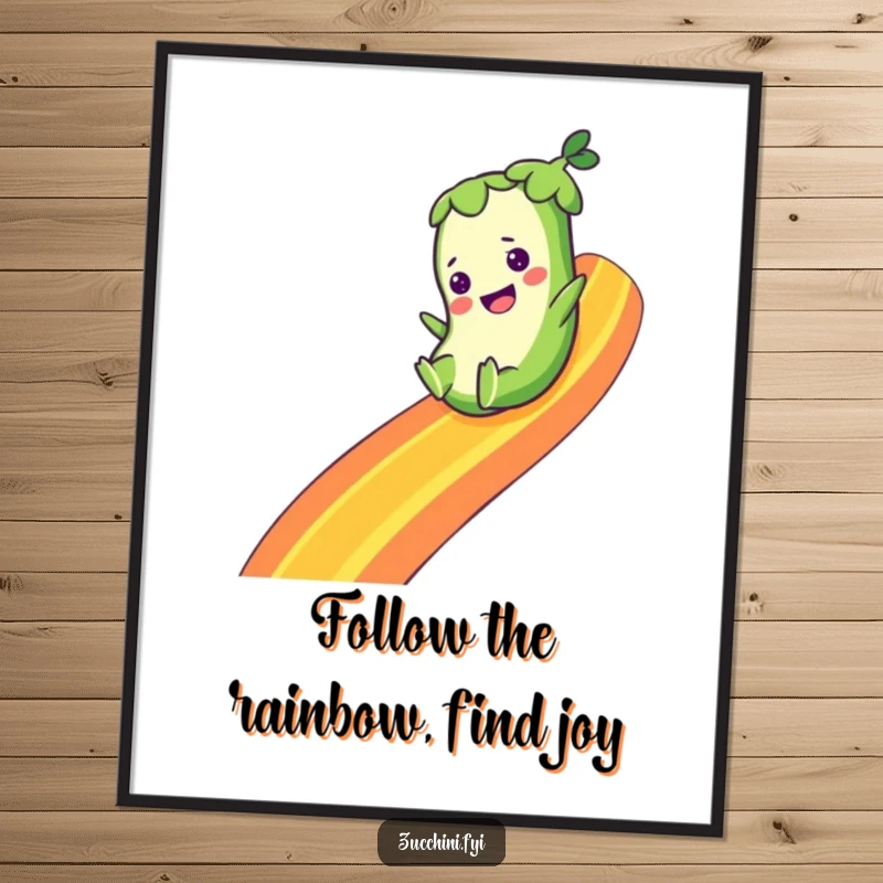 Funny free printable wall art: a smiling zucchini character slides down a colorful rainbow, embodying joy and wonder.