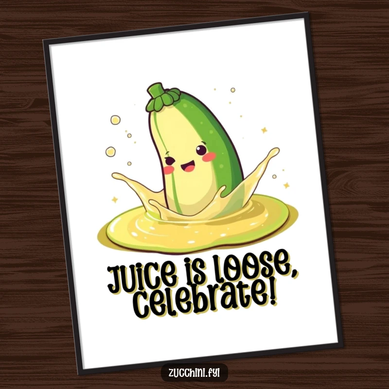 Funny free printable wall art of a very happy zucchini joyfully splashing around in a puddle of effervescent sparkling juice.