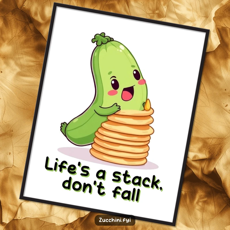 Funny Free Printable Wall Art: A determined zucchini carefully balancing a tall stack of wobbly pancakes. Whimsical downloadable art.