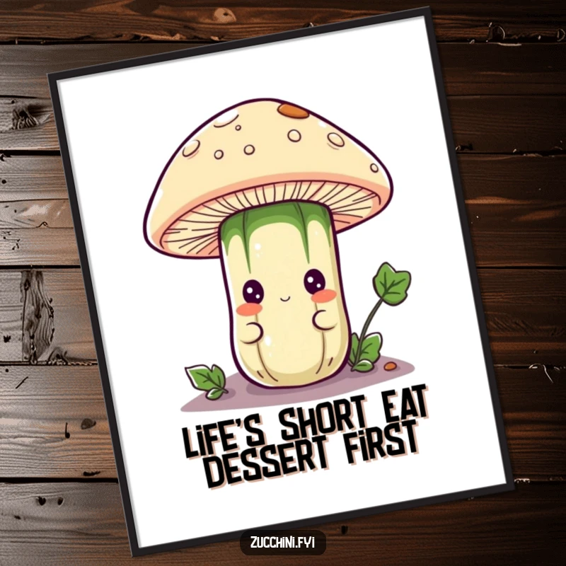 Funny Free Printable Wall Art: A curious zucchini character peeks from under a mushroom cap, bringing a sense of playful discovery to the scene.