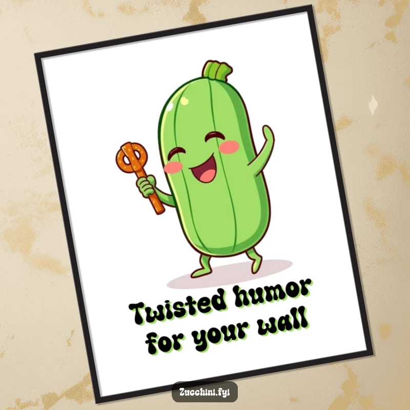 Funny Free Printable Wall Art: A zucchini character performing a silly, energetic dance with a pretzel stick. Fun downloadable art.