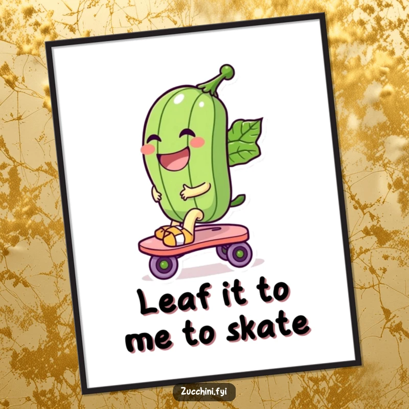 Funny Free Printable Wall Art: A laughing zucchini rides a leaf roller skate, bringing dynamic, humorous energy to decor.