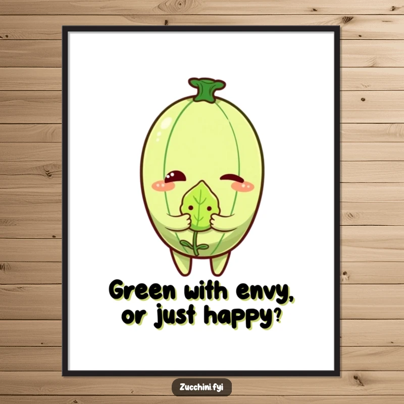 Funny Free Printable Wall Art of a zucchini character winking playfully, holding a tiny, embarrassed leaf