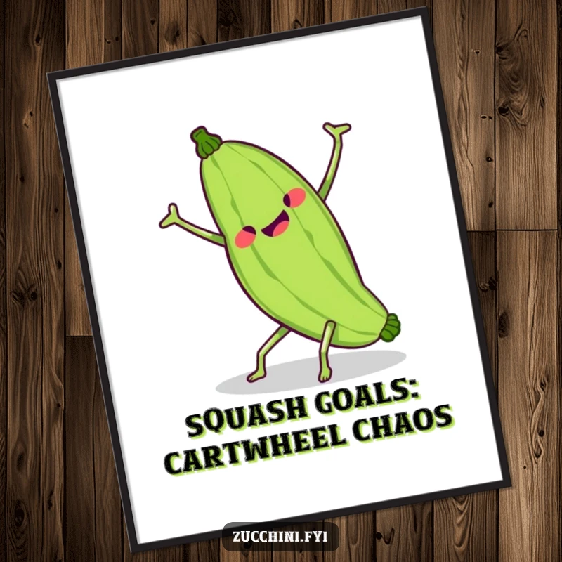 Funny Free Printable Wall Art: A kawaii zucchini hilariously attempting a cartwheel, limbs flailing in a comical way.