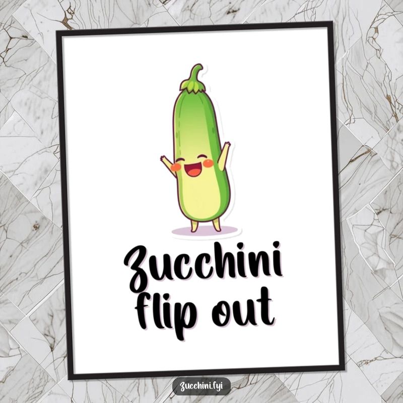 Funny Free Printable Wall Art: A zucchini character laughing while doing a handstand with its stem pointing straight up, pure silliness.