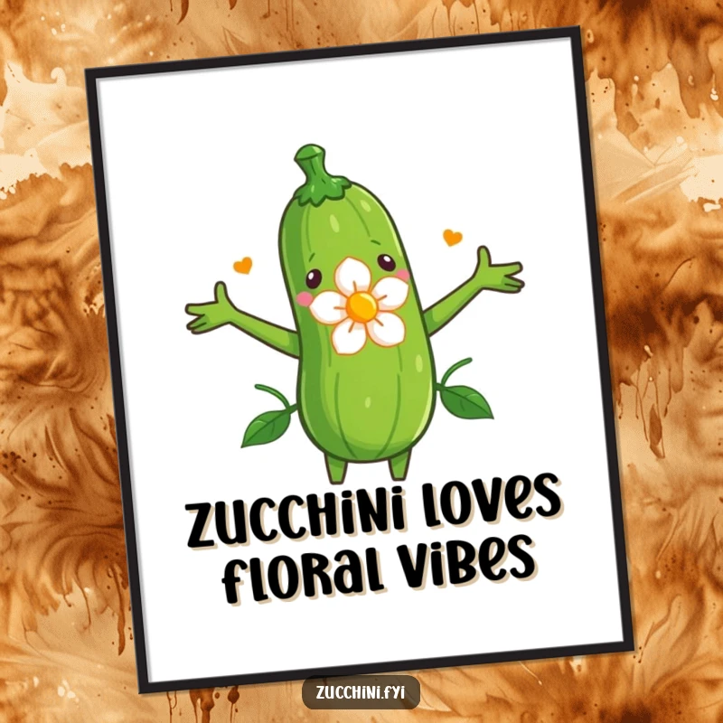 Funny Free Printable Wall Art: A zucchini with open arms tenderly embraces a vibrant blooming flower, decorative and amusing.