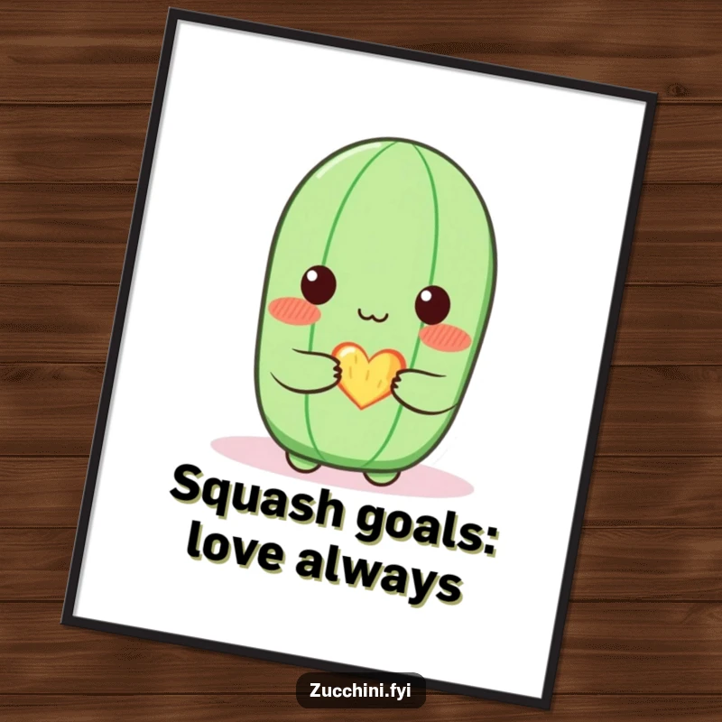 Funny Free Printable Wall Art: A blushing zucchini character holding a small, gently glowing heart, radiating warmth.