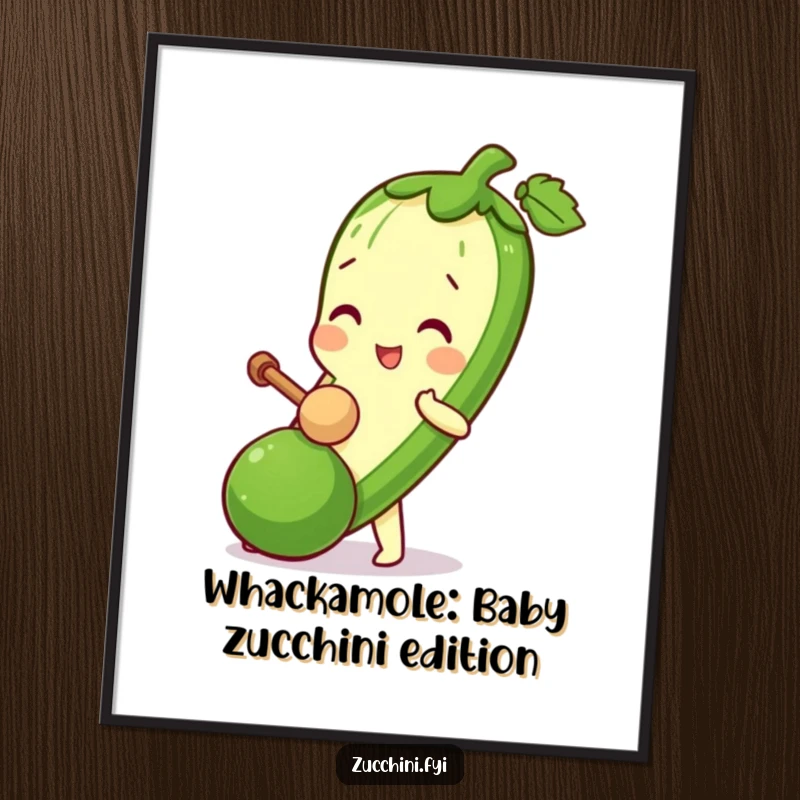 Funny Free Printable Wall Art of a zucchini character playfully bopping a miniature zucchini with a tiny mallet