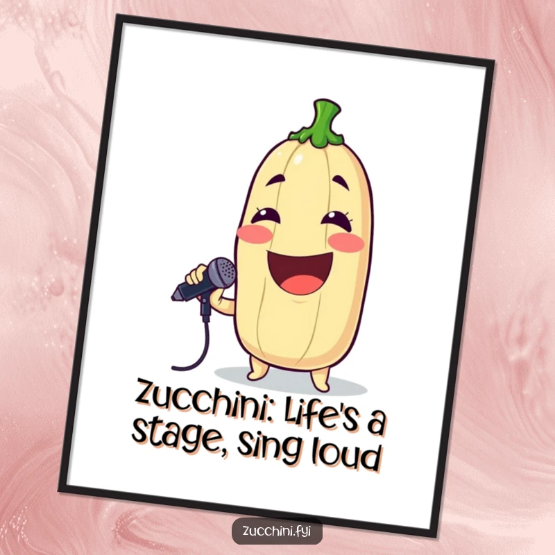 Funny Free Printable Wall Art: Grinning Zucchini Holding a Microphone, Belting Out a Comedic Song Loudly