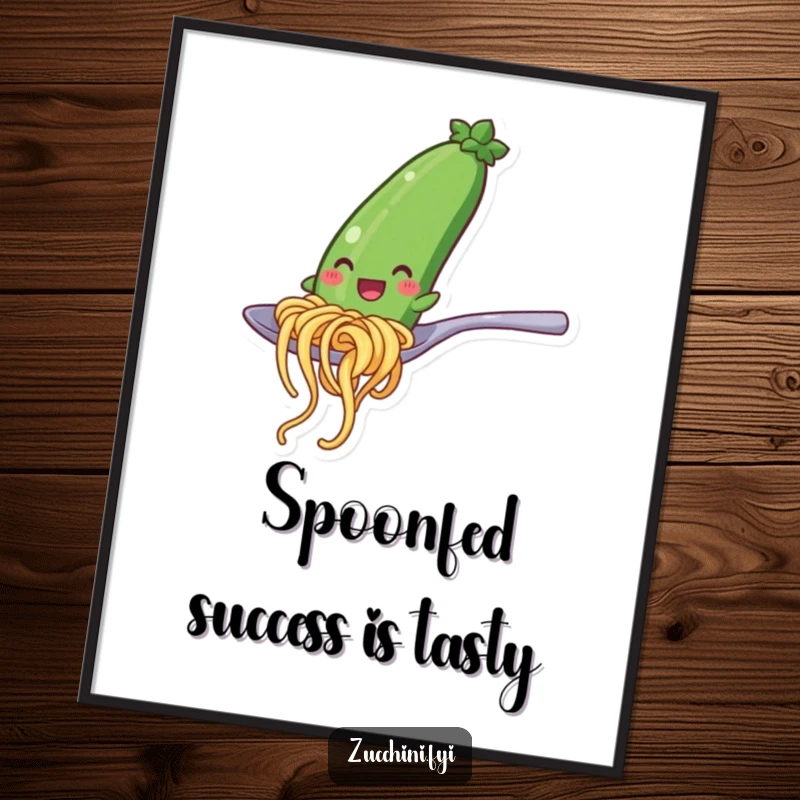 Funny Free Printable Wall Art: Happy zucchini noodle character in mid-slide down a spoon, bringing whimsical fun.