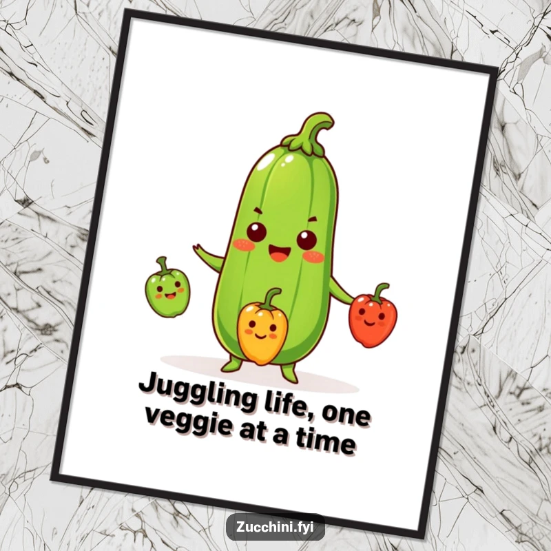 Funny Free Printable Wall Art of a beaming zucchini masterfully juggling smiling peppers, a colorful and comical piece.