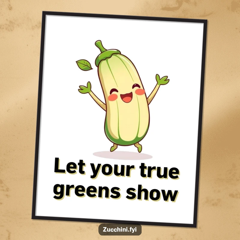 Funny Free Printable Wall Art of a delighted zucchini performing a joyful little dance with its leaves, full of life and humor.